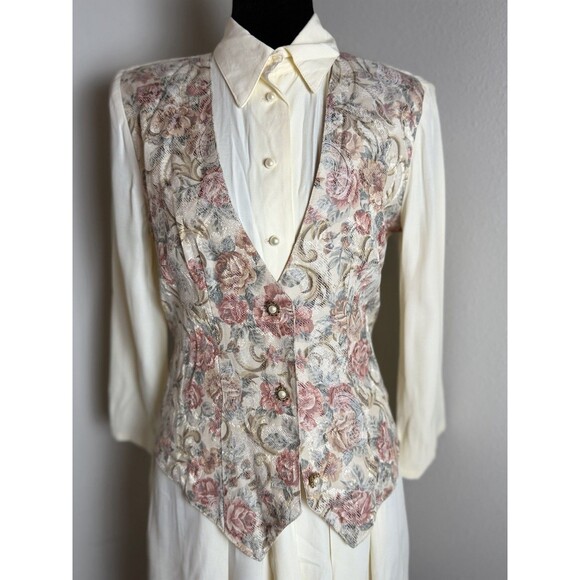 Vintage 90s AOLIB Floral Tapestry Vest Romper Cottagecore Prairie Cream Size3 - Picture 2 of 10